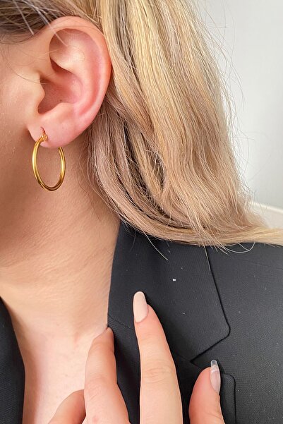 JewAksesuar Gold Küpe 14 Ayar Altın Kaplama Çelik Orta Boy Kalın Halka 2,8 Cm