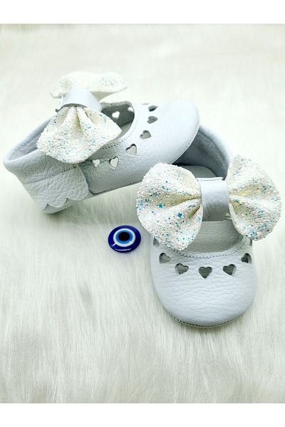 Tiny White Glitter Genuine Leather Booties - Clothing with Bow, Hidden Elastics, Easy and Comfortable Moccasin
