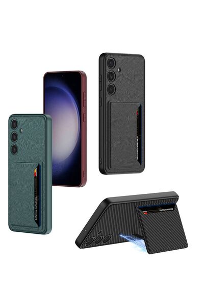 halkhouse Galaxy S24 Suni Deri Kartlıklı Kılıf Kıpta Silikon Tam Koruma Kapak