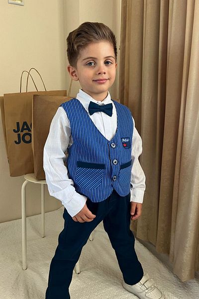 Pollito Boy's Indigo Striped Two-Pocket Vest 4-Piece Suit