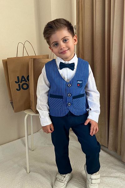 Pollito Boy's Indigo Striped Two-Pocket Vest 4-Piece Suit