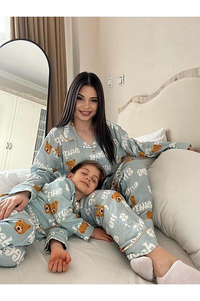 Pollito Унисекс комплект долна горна пижама с копчета отпред със синьо плюшено мече с шарки за спане от 3 части