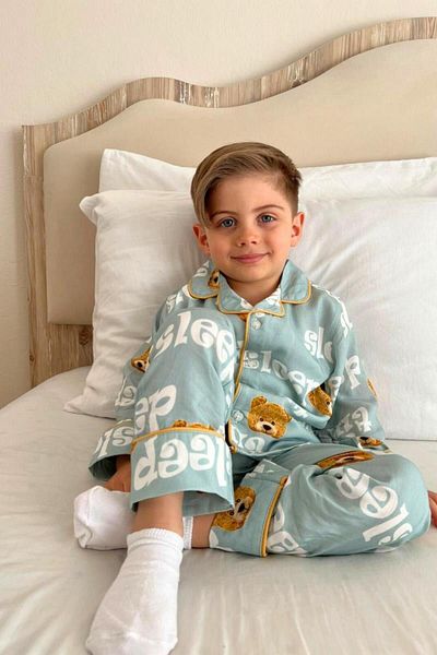 Pollito Set de pijamale unisex pentru copii, cu nasturi în față, cu model de ursuleț de pluș albastru