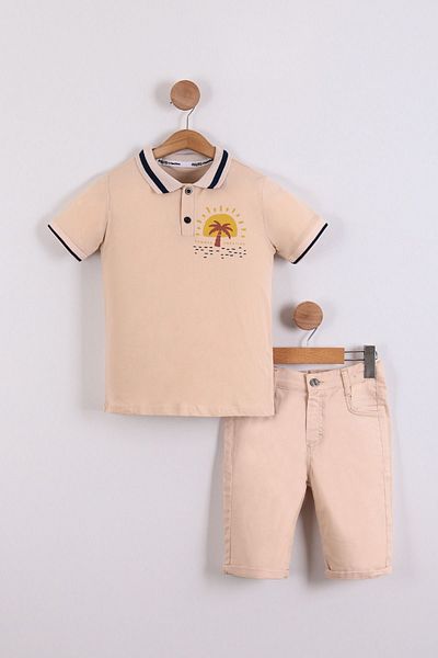 Pollito Boy's Back Printed Polo Collar T-shirt Cotton Shorts 2-Piece Set