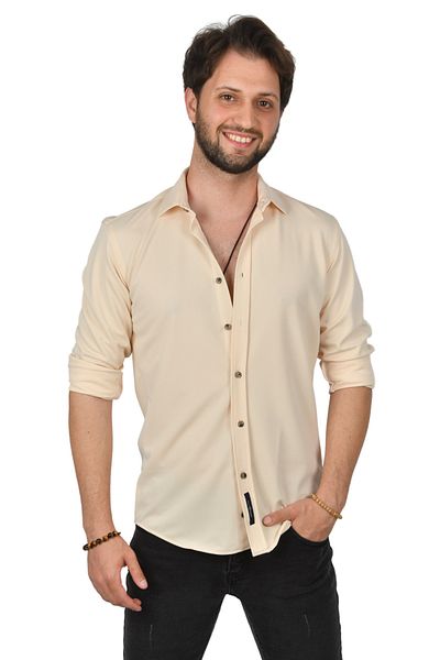 DeepSEA Μπεζ Slim Fit ανδρικό πλεκτό πουκάμισο - 2309480
