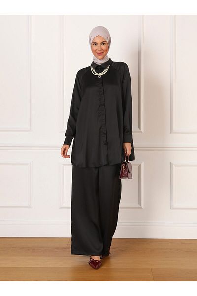 Refka Black Satin Tunic and Trousers Set - Refka