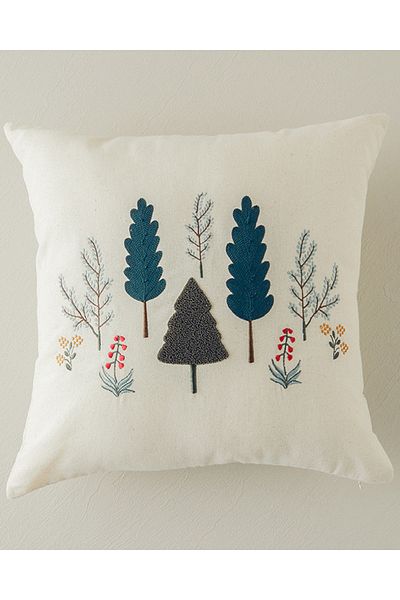 English Home Ecru Color Magical Trees Punch Embroidered Throw Pillow Cover