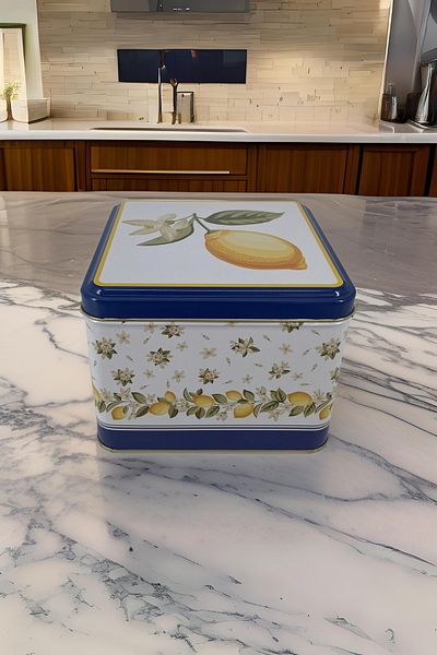 EVLE 2.2 lt Lemon Patterned Square Metal Storage Container - 15.8 x 15.8 x 8.7 cm