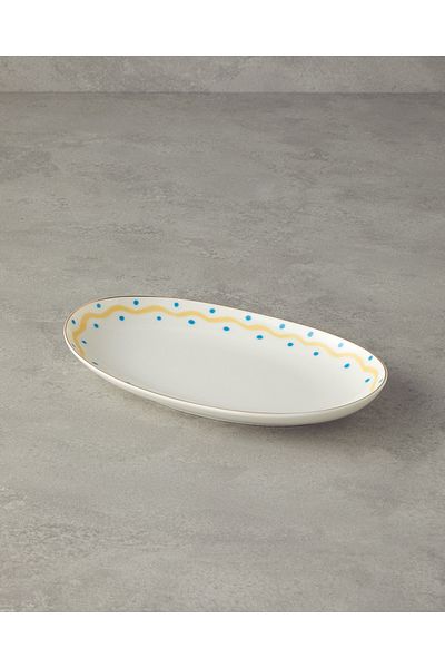 English Home 25 cm Width Yellow Carny Bone and Porcelain Boat Plate - Blue and Yellow