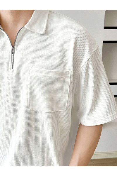 GENIUS STORE Tricou oversize pentru bărbați, cu gât polo, cu vafe, POLOYAKA-FERMOARE