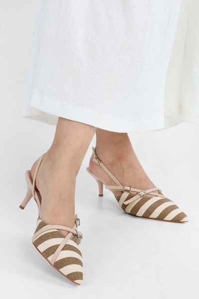 Shoeberry Lněné pruhované lněné hnědé dámské jehlové podpatky