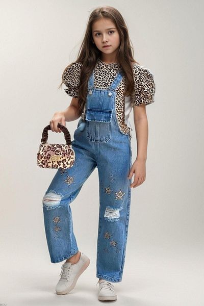 Riccotarz Fată - Salopetă din denim cu model leopard, cu mâneci balon și detaliu rupt cu imprimeu stea