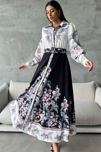 TRND Rochie lungă fără fante cu modele etnice în două culori