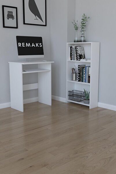 Remaks Bilgisayar Pc Çalışma Laptop Masası - Beyaz , 3 Raflı Kitaplık - Beyaz