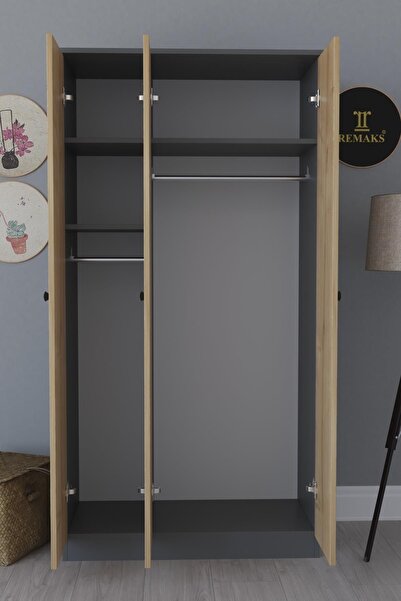 Remaks Fuga 3 Kapaklı Elbise Dolabı - Antrasit Gövde Meşe Kapak