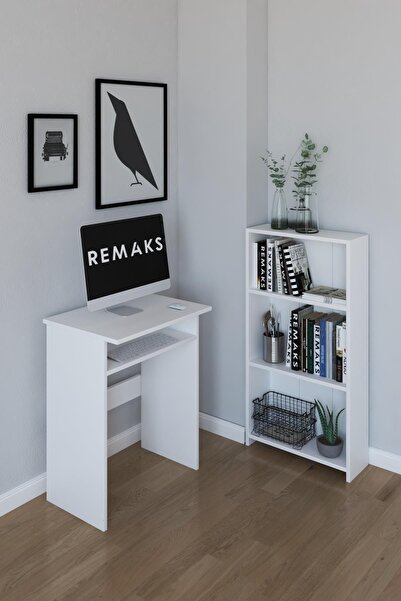 Remaks Bilgisayar Pc Çalışma Laptop Masası - Beyaz , 3 Raflı Kitaplık - Beyaz