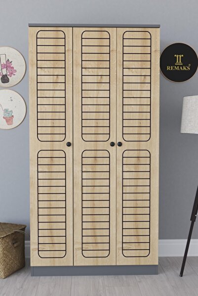 Remaks Fuga 3 Kapaklı Elbise Dolabı - Antrasit Gövde Meşe Kapak