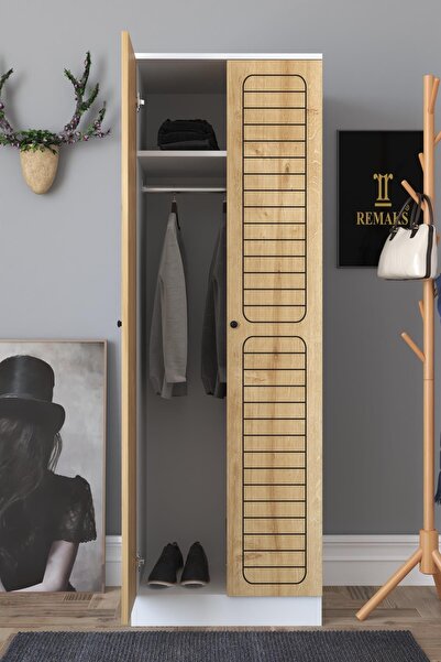 Remaks Fuga 2 Kapaklı Elbise Dolabı Elbise Askısı Dolabı Gardırop - Beyaz Gövde Meşe Kapak