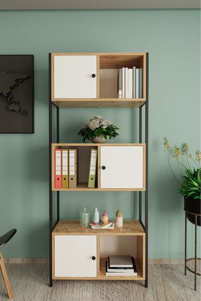 Remaks Segara Metal Ayaklı 5 Raf 3 Kapaklı Kitaplık Atlantik Çam Beyaz