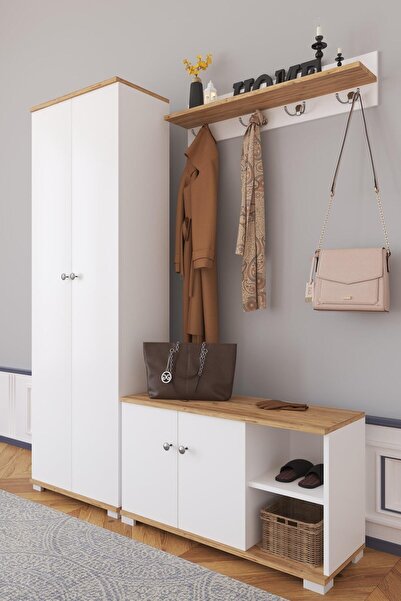 Remaks Crown Vestiyer Ayakkabılık Portmanto Ve Duvar Askısı Meşe / Beyaz