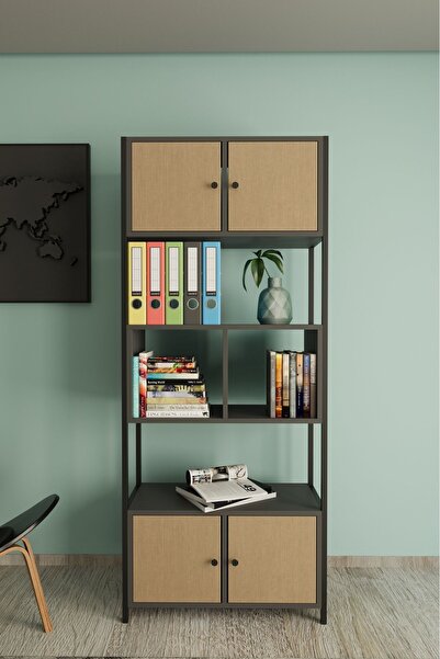 Remaks Moli Metal Ayaklı 5 Raf 4 Kapaklı Kitaplık Antrasit - Aro Desenli