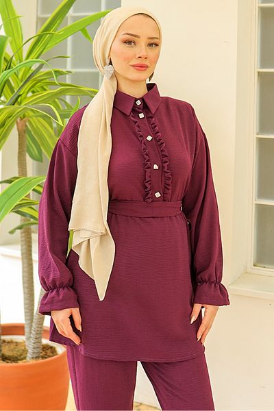 Bestenur Plum Ruffle Collar Tunic and Trousers Set 930