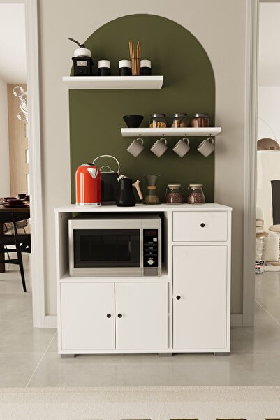 Remaks Kahve Köşesi 90 Cm Çok Amaçlı Dolap Mikrodalga Set altı Mutfak Dolabı Alt Dolap Beyaz