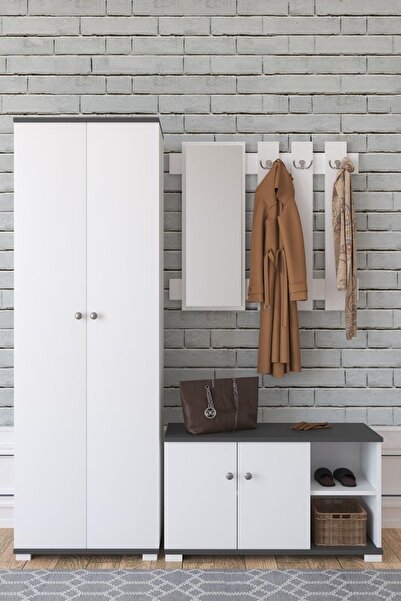 Remaks Queen Aynalı Vestiyer Ayakkabılık Portmanto Ve Duvar Askısı Antrasit / Beyaz