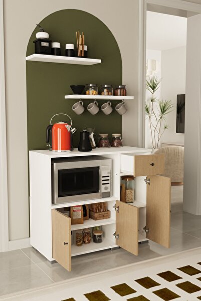 Remaks Kahve Köşesi 90 Cm Çok Amaçlı Dolap Mikrodalga Set altı Mutfak Dolabı Alt Dolap Beyaz - Arno
