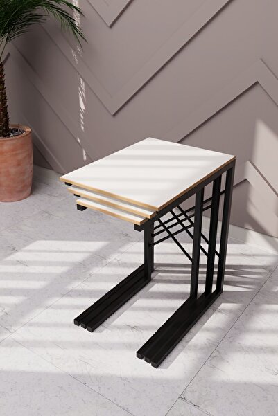 eportatif 3 Lü Zigon Sehpa Metal Dar Zigon Sehpa Beyaz 1294