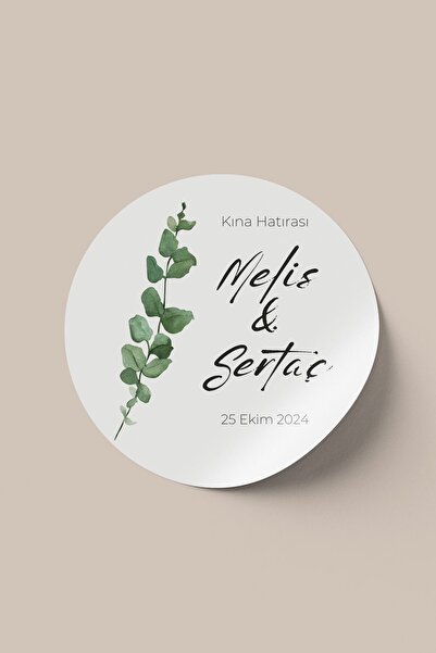 Kişiye Özel Yeşil Yapraklı Özel Gün Söz  Kına Nişan Nikah Düğün Hatırası Etiket - 72 Adet 4 Cm