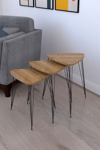 Remaks Elit 3'lü Üçgen Zigon Sehpa ve Servis Sehpası - Meşe