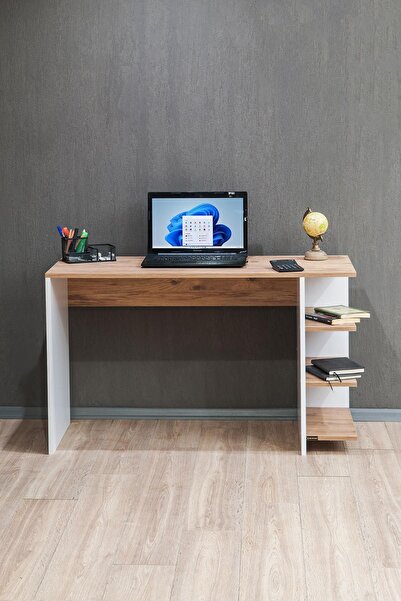 Remaks Ram Bilgisayar Masası, Pc Masası, Raflı Çalışma Masası - Meşe / Beyaz