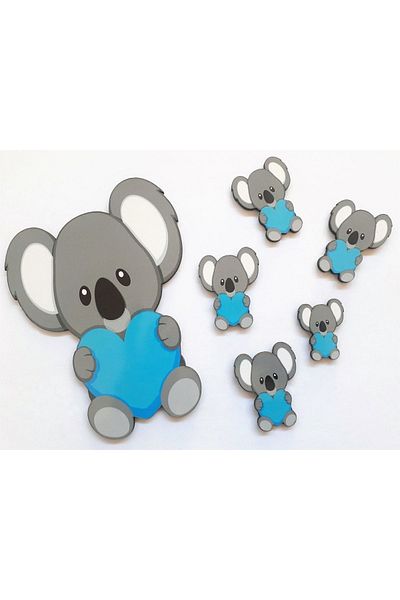 AKIN AKSESUAR HEDİYELİK Decor de perete din lemn pentru cameră pentru copii drăguț cu figurină Koala și inimă albastră