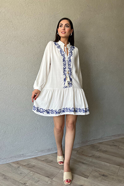 Seda Yalçın Atelier Λινό Φόρεμα - Λεπτομέρεια Λευκού Κεντήματος