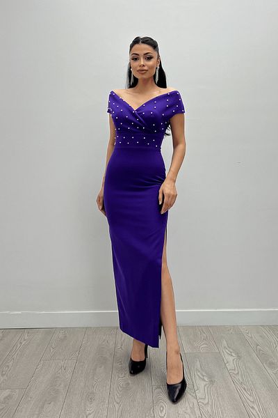 giyimmasalı Babel Fabric Boat Neck Pearl Detailed Pencil Dress - PATLICAN PURPLE