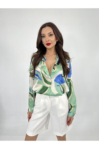 Essence Bouteille Desenli Saten Kadın Gömlek