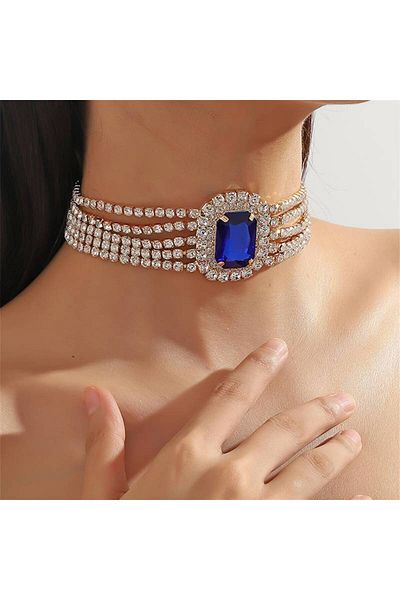 Flaner Paris Aksesuar Retro Trend Diamond Oval Crystal Necklace and Choker Set