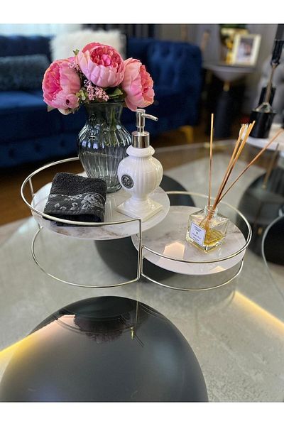 Hazella Home منظم مجوهرات مستحضرات التجميل للحمام، حامل عطور متعدد الأغراض، صينية عرض مكونة من طبقتين