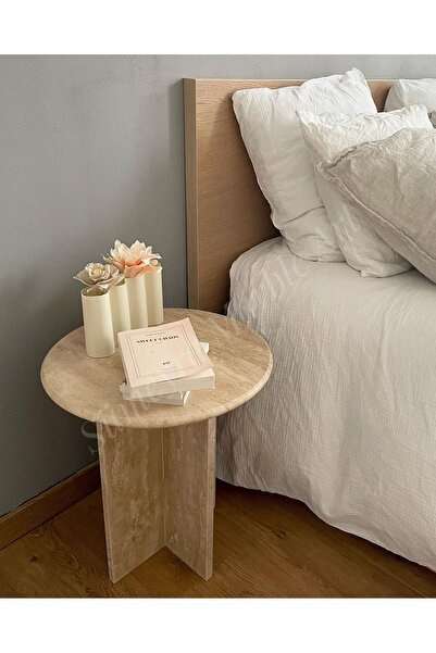 Sümeyra Marble Art Cream Traverten - Doğal Traverten Yan Sehpa | Doğal Mermer...