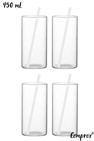 Comprox Simple Designed 8 Piece 450 ml Cocktail Glass and Soft Drink Glass Set - 4 Straws and 4 Glasses