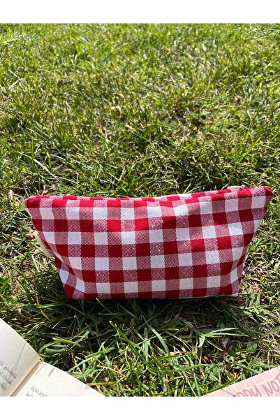 sumicorn Red Gingham Washable Zippered Single Eye Cloth Pen Holder Pencil Case Wallet Makeup Bag