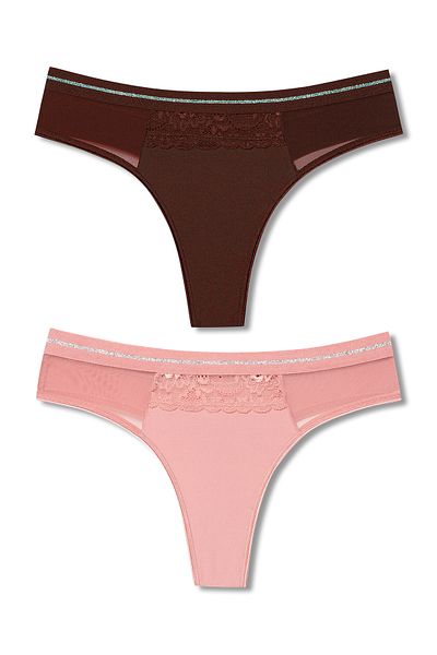 HNX Lace and Tulle Detailed 2 Piece Women's Thong Set