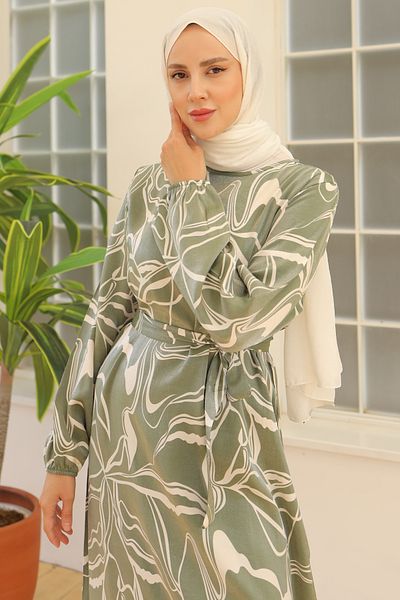 benguen Green Patterned Belted Dress - 4037