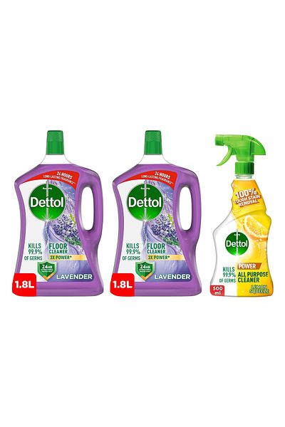Dettol Lavender Antibacterial Power Floor Cleaner 1.8L Twin Pack + All Purpose Cleaner Lemon 500 ml