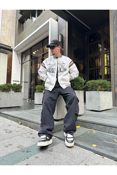 NEWLAKER Unisex Oversize Limited Edition Ecru Homme Bomber College Jacket