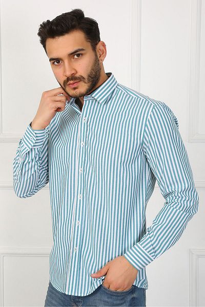 SAMSA Ανδρικό πουκάμισο από βαμβακερό ριγέ Slim Fit Easy-Iron