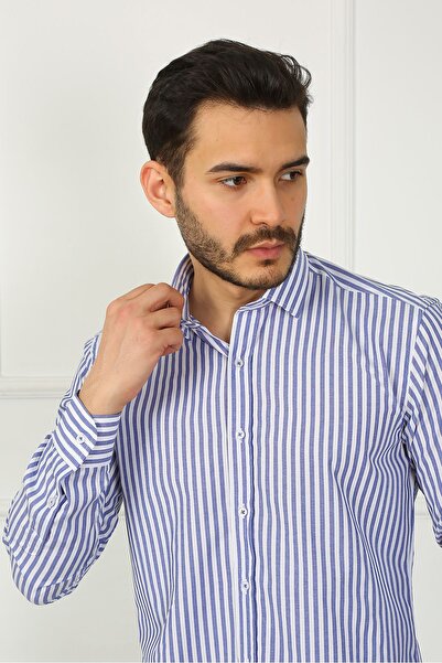 SAMSA Cămașă bărbătească din bumbac cu dungi slim fit ușor de călcat