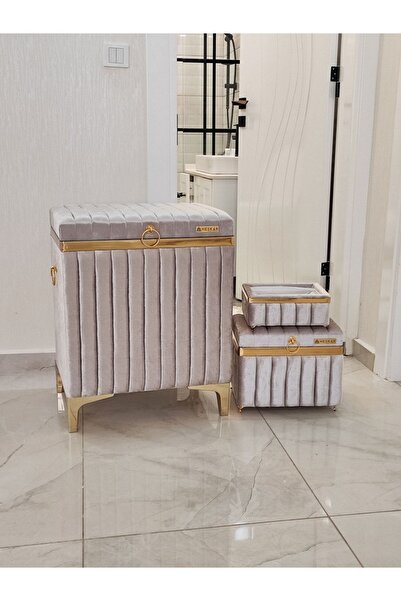 Genel Markalar 3 Parça Dikdörtgen Gri Renk Altın Şeritli Modern Kadife Banyo ...