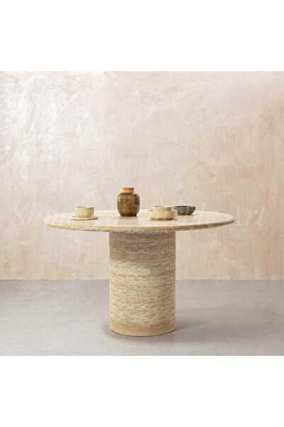 Sümeyra Marble Art Saturn - Doğal Traverten Mermer Masa | 4 Kişilik | 90cm |